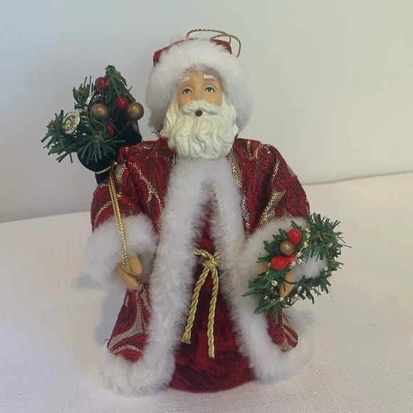 Santa Claus 6” Tree Topper or Ornament with Red and Gold Embroidered Coat - Picture 1 of 9